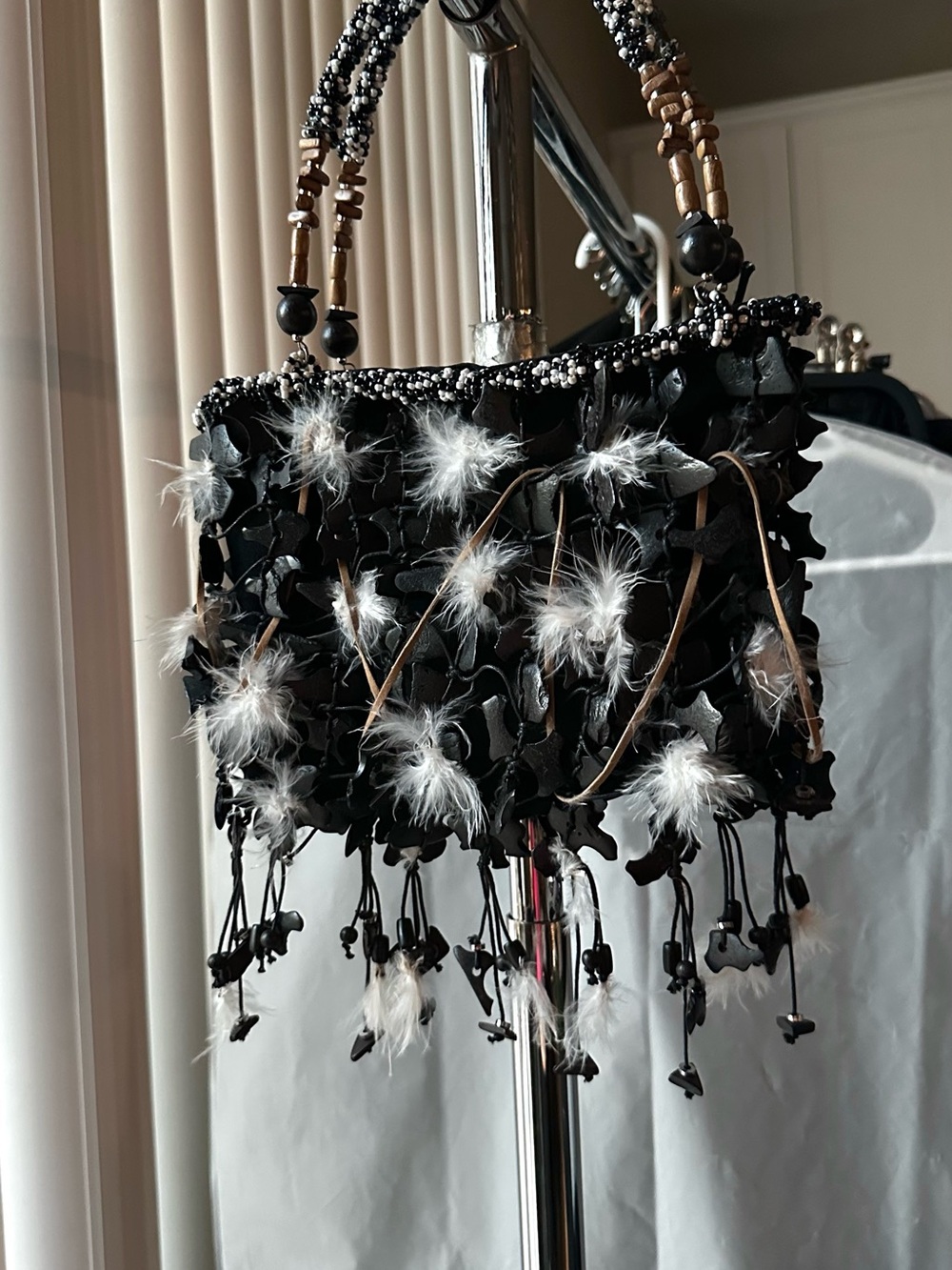 Vintage! Chic Woven Black Wood and Feather Wearable Art Handbag with Fringe